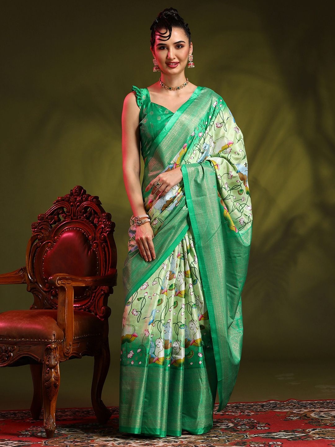 

Mitera Woven Design Zari Silk Blend Bomkai silk Saree, Green