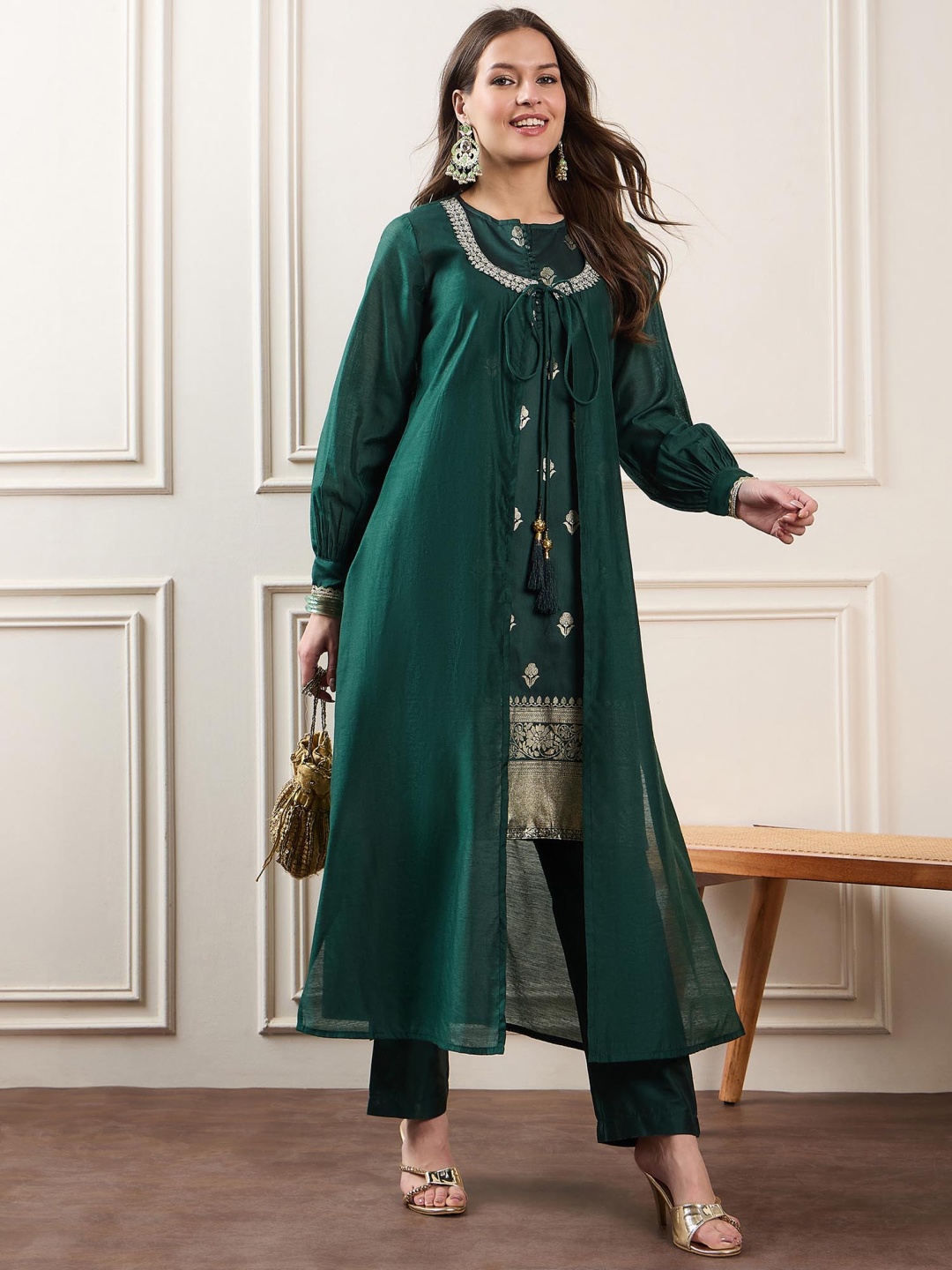 

House of Pataudi Woven Design Straight Kurta & Palazzos With Jacket, Green