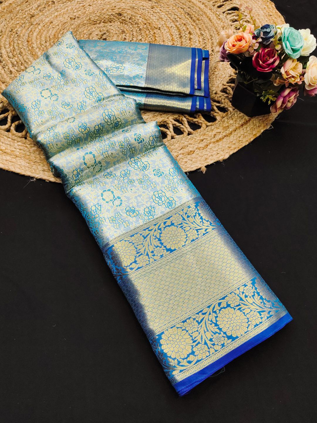 

SILKWEAR Woven Design Zari Pure Silk Kanjeevaram Saree, Teal