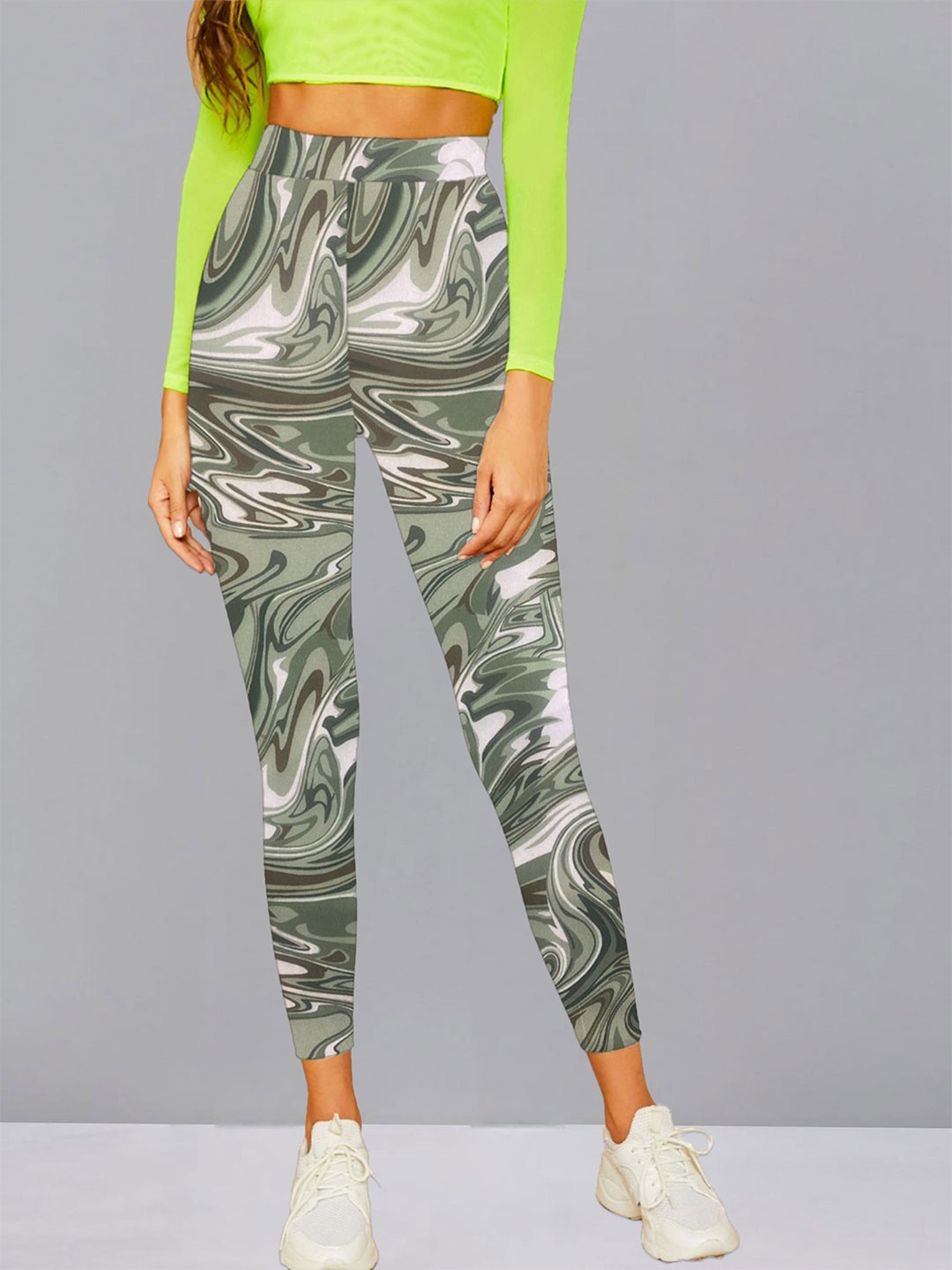 

DTR FASHION Printed Mid-Rise Ankle-Length Gym Tights, Green