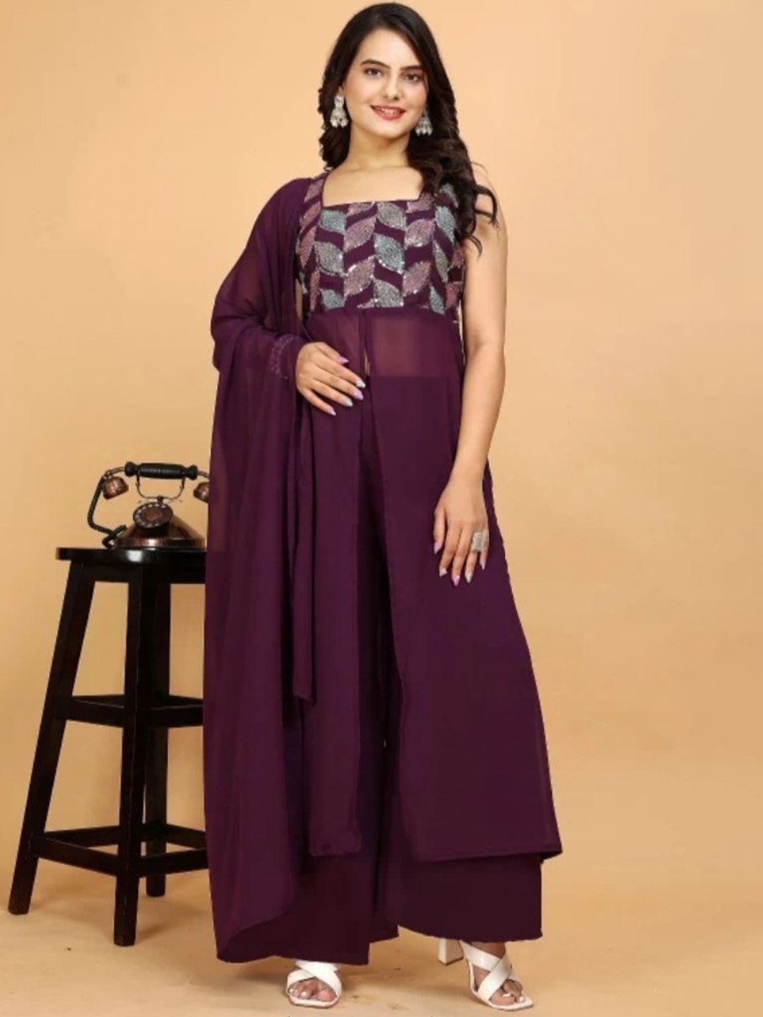 

Moda Rapido Women Floral Embroidered Regular Sequinned Kurti with Palazzos & With Dupatta, Purple