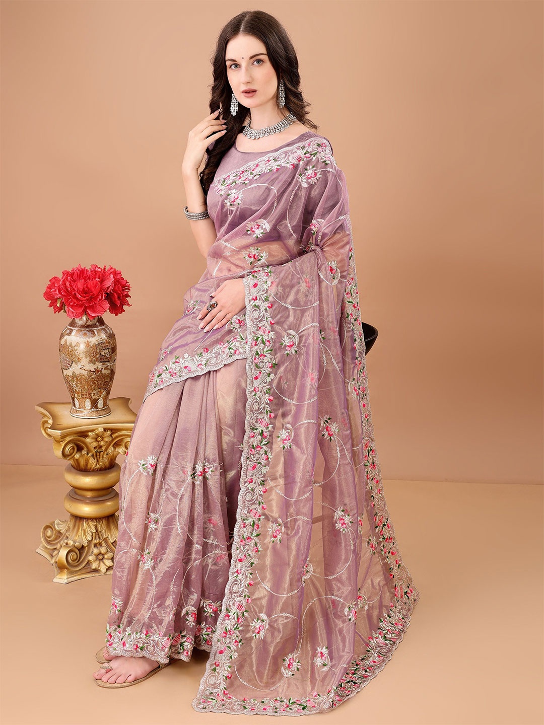 

devkison Designer Floral Embroidered Net Saree, Purple