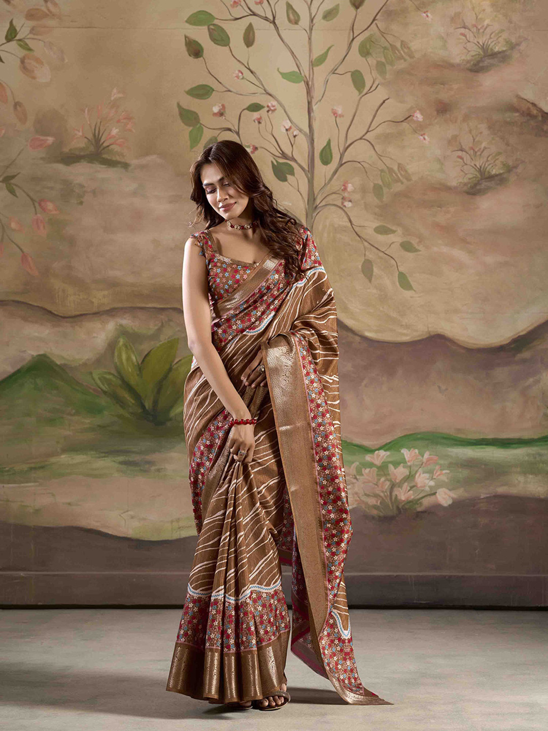 

KALINI Floral Zari Silk Blend Saree, Brown