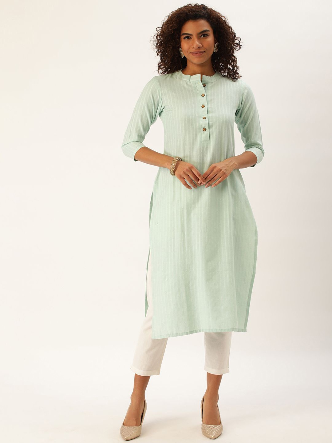 

KALINI Striped Mandarin Collar Cotton Straight Kurta, Green