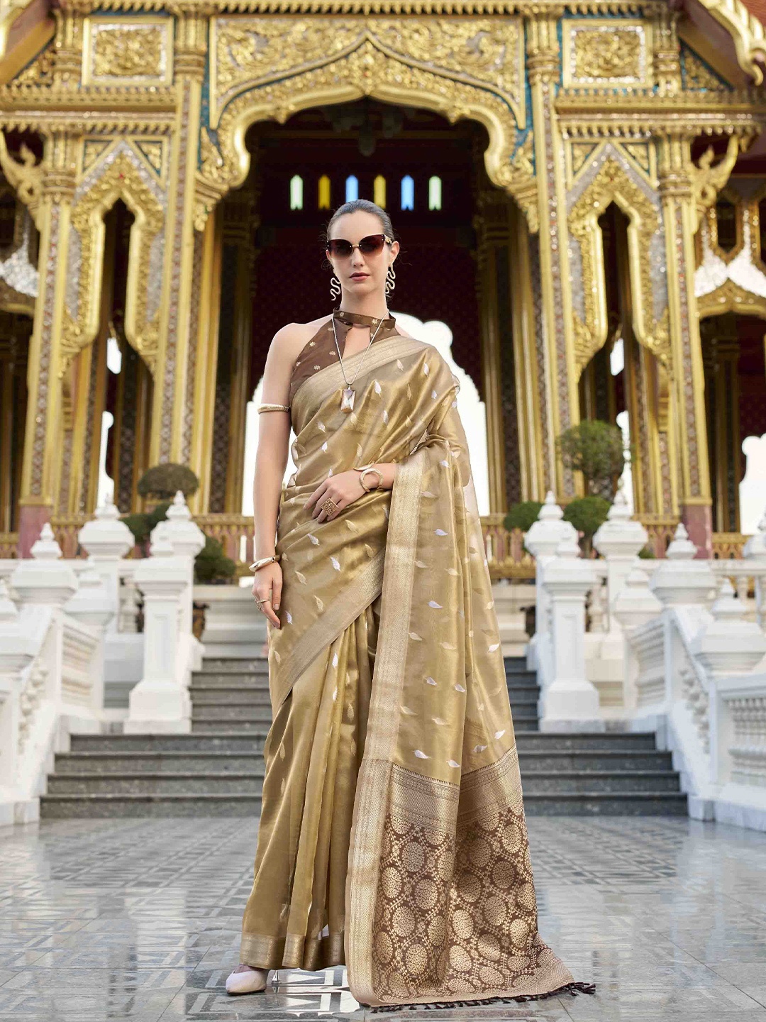 

KIMISHA Paisley Zari Tissue Banarasi Saree, Camel brown