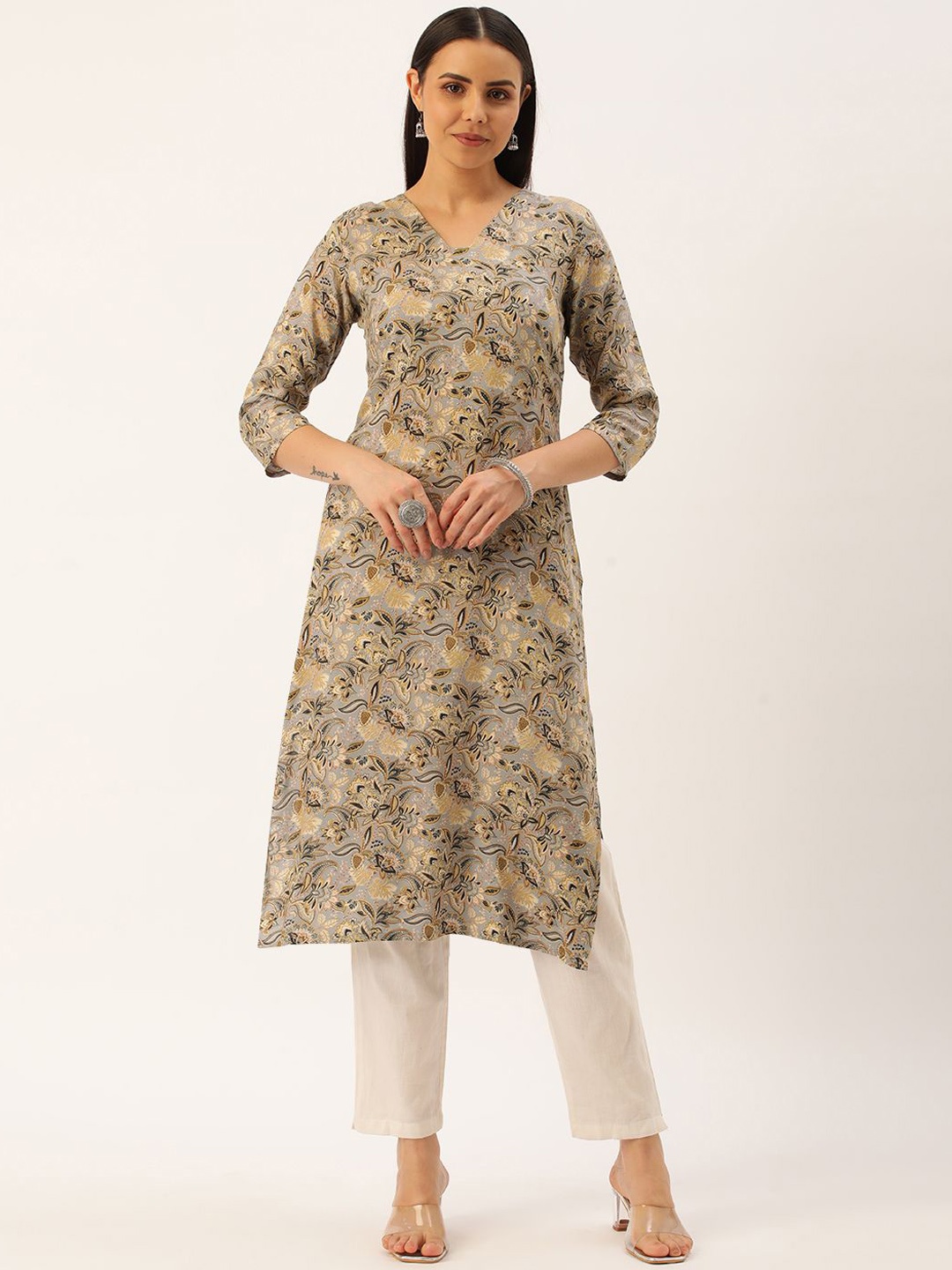 

KALINI Floral Printed V-Neck Straight Kurta, Grey