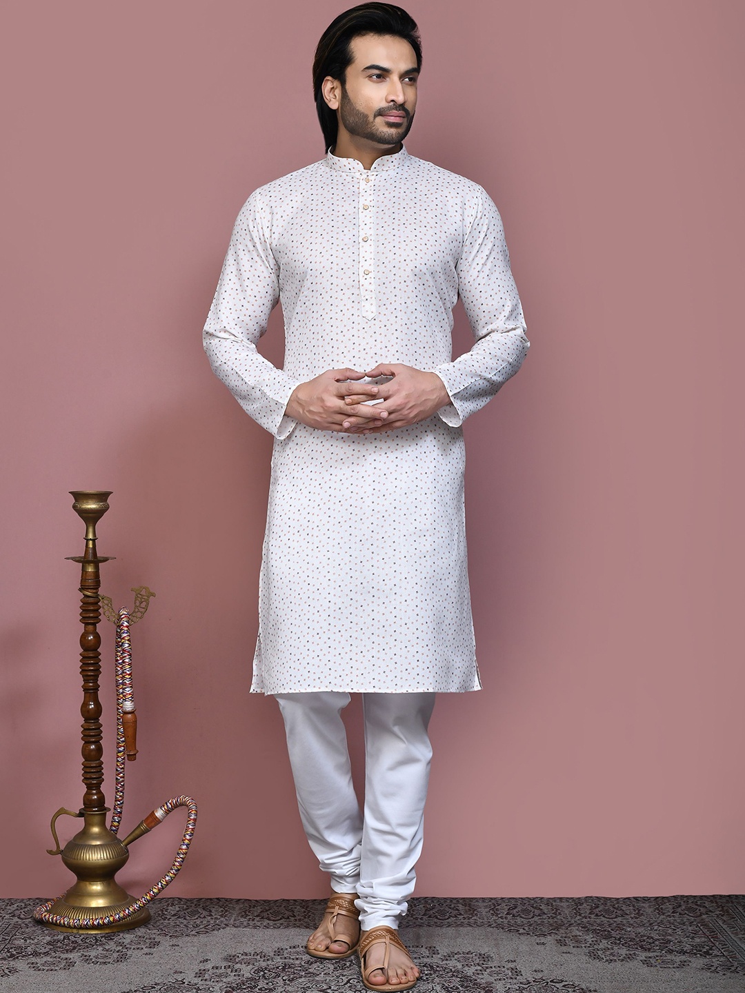 

RANAK Men Printed Regular Pure Cotton Kurta with Pyjamas, White