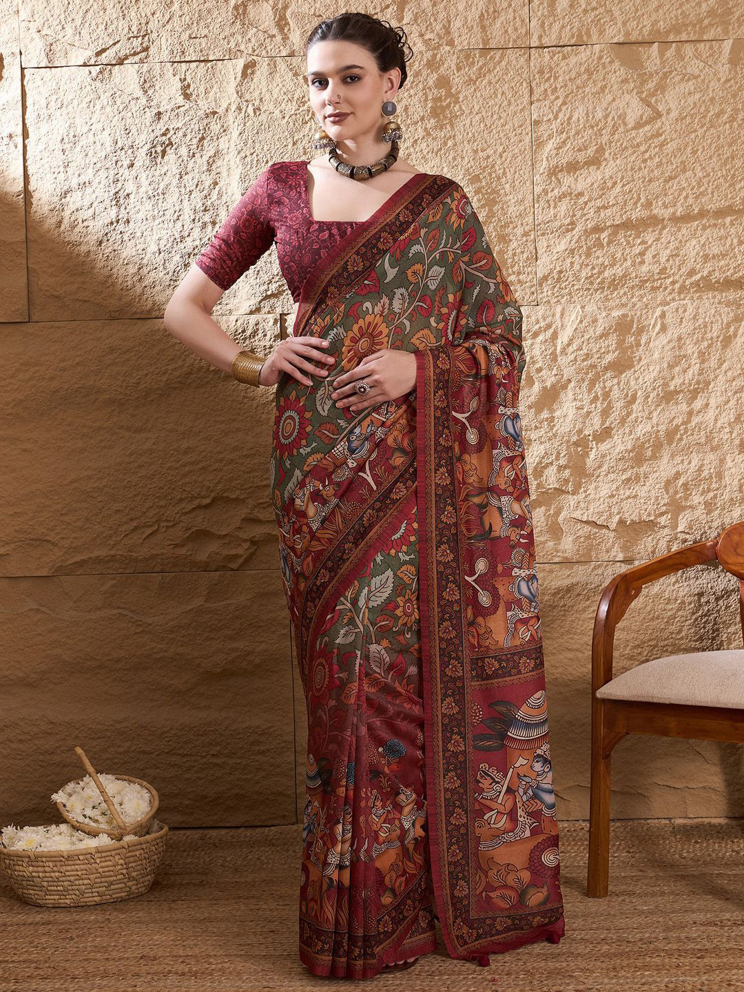 

Mitera Kalamkari Silk Blend Tussar Saree, Green