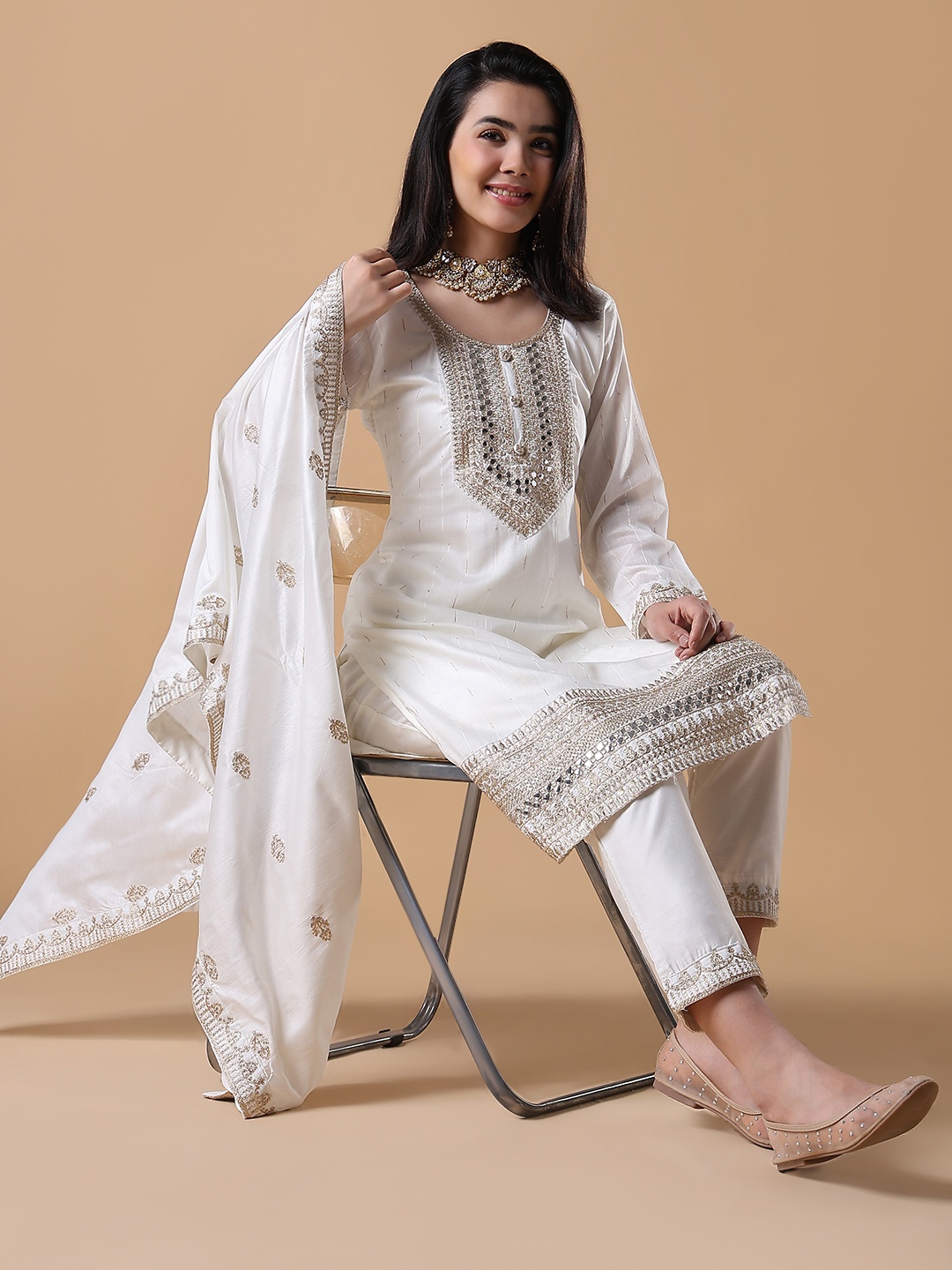 

SHOWOFF Women Yoke Design Regular Kurta with Trousers & With Dupatta, White