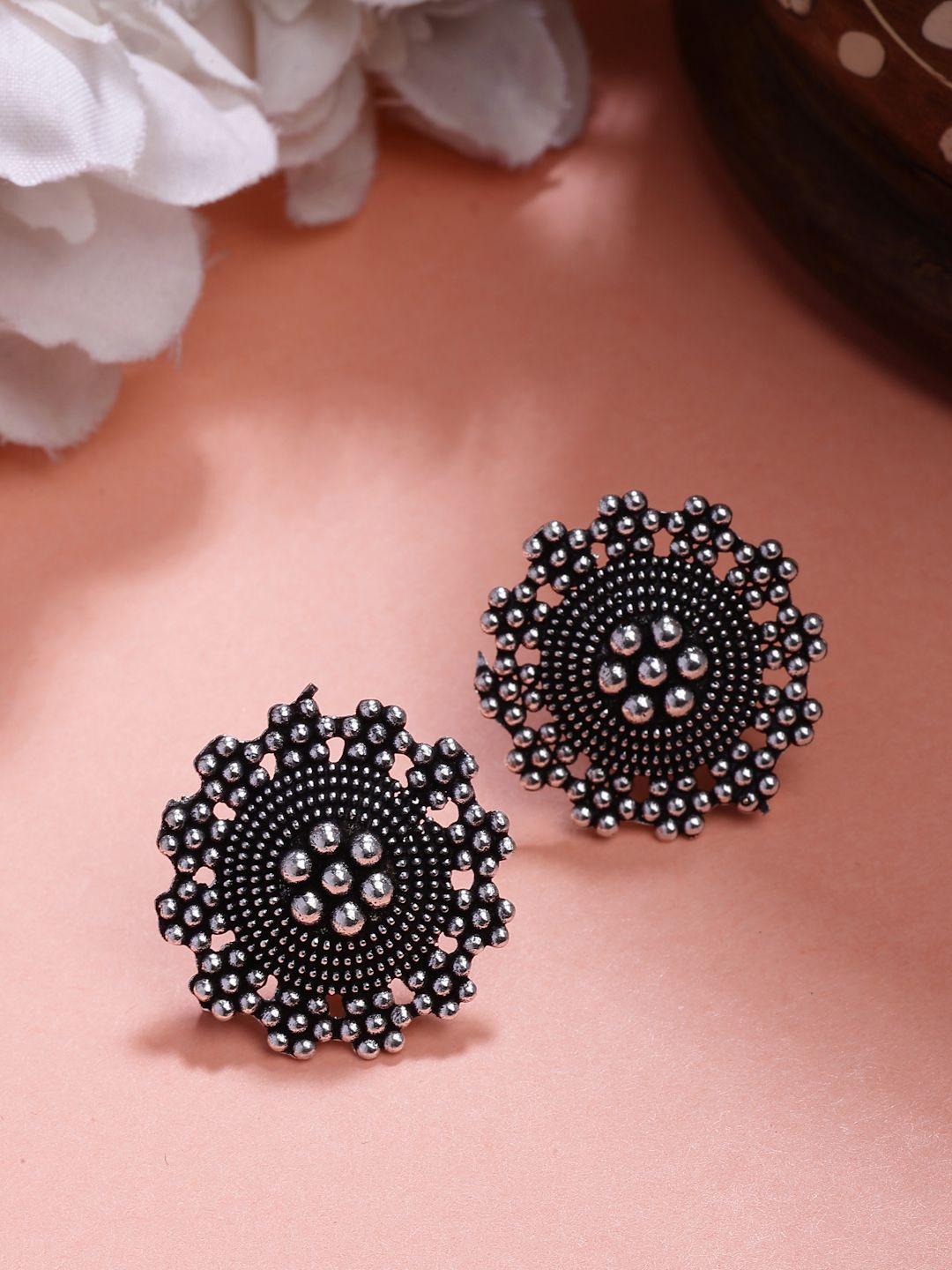 

NVR Silver-Plated Oxidised Round Shape Circular Shaped Studs, Black