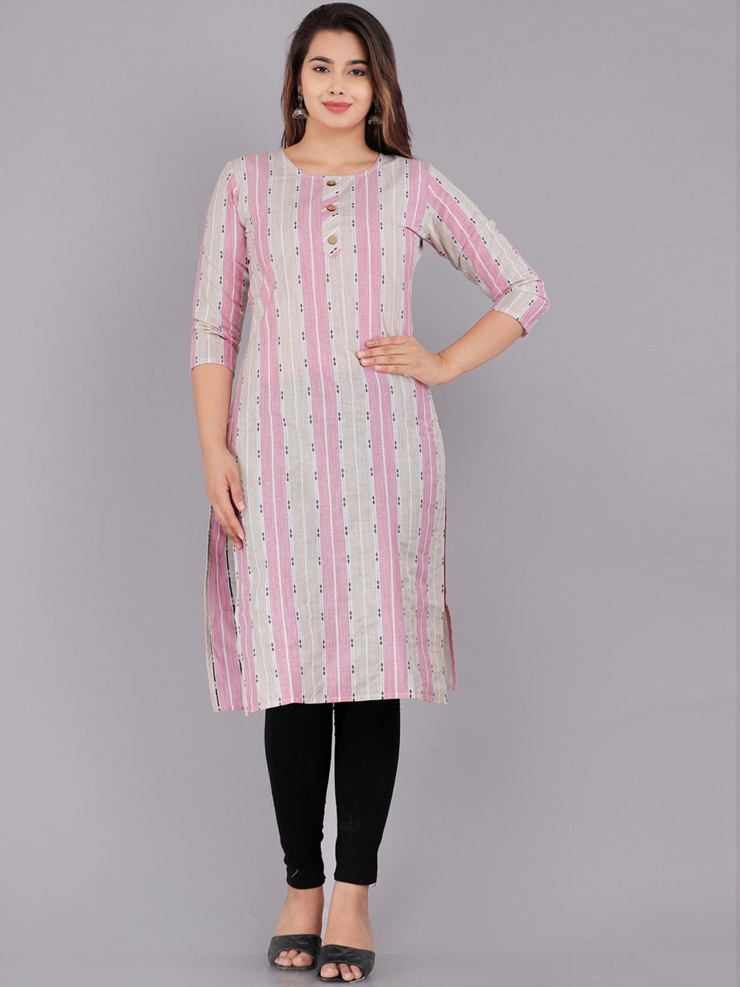 

ASANSHI Striped Round Neck Cotton Straight Kurta, Pink