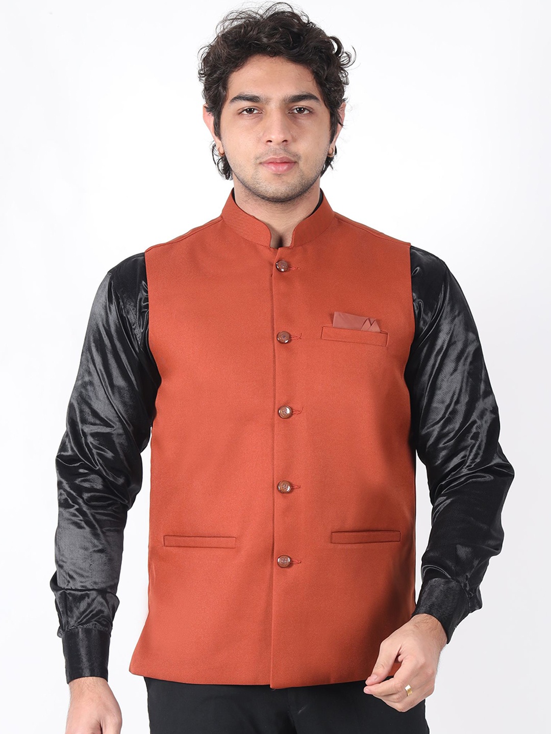 

BUZZIC FASHION UNLIMITED Mandarin Collar Nehru Jacket, Rust