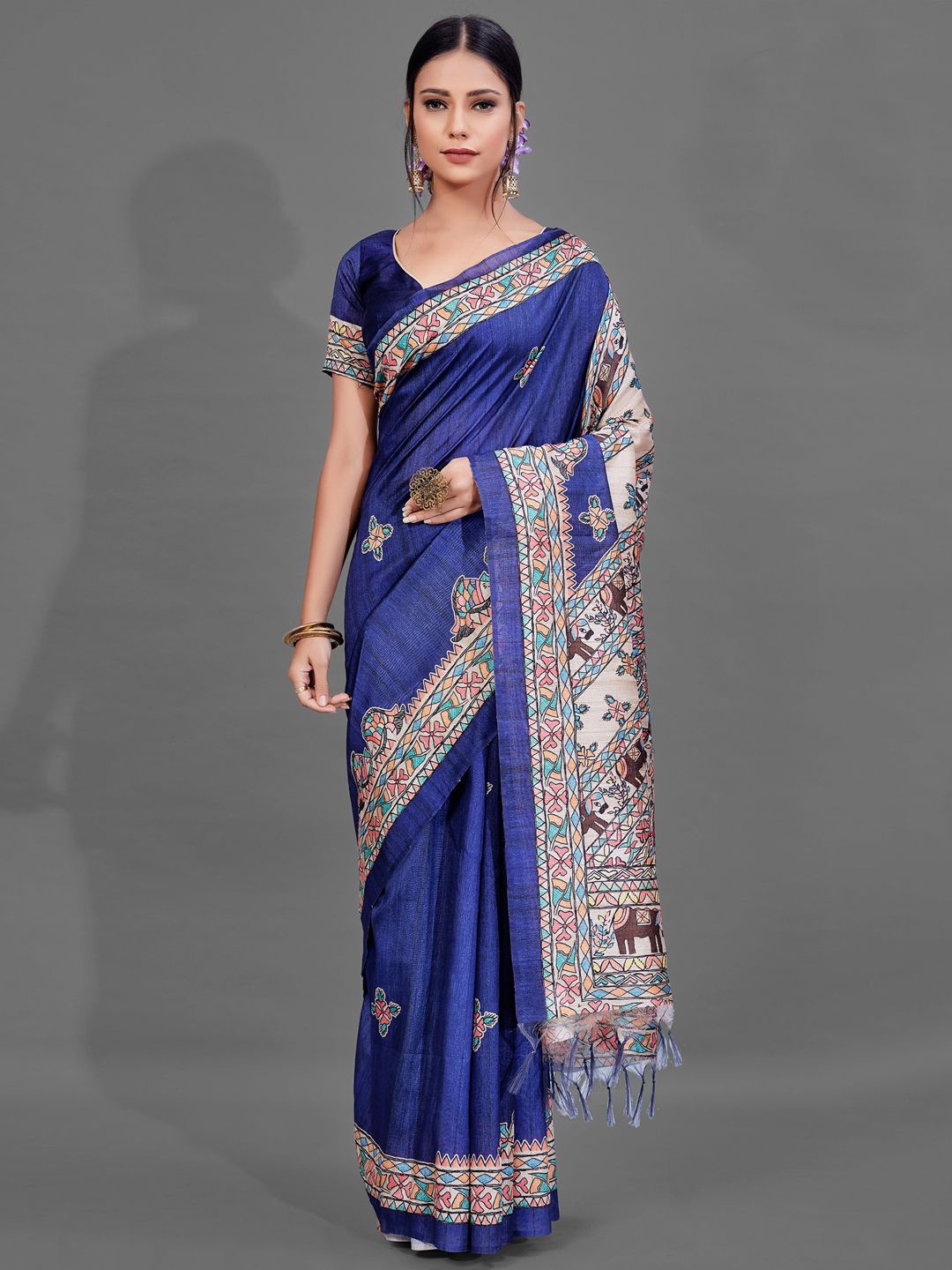 

Mitera Kalamkari Silk Blend Baluchari Saree, Blue