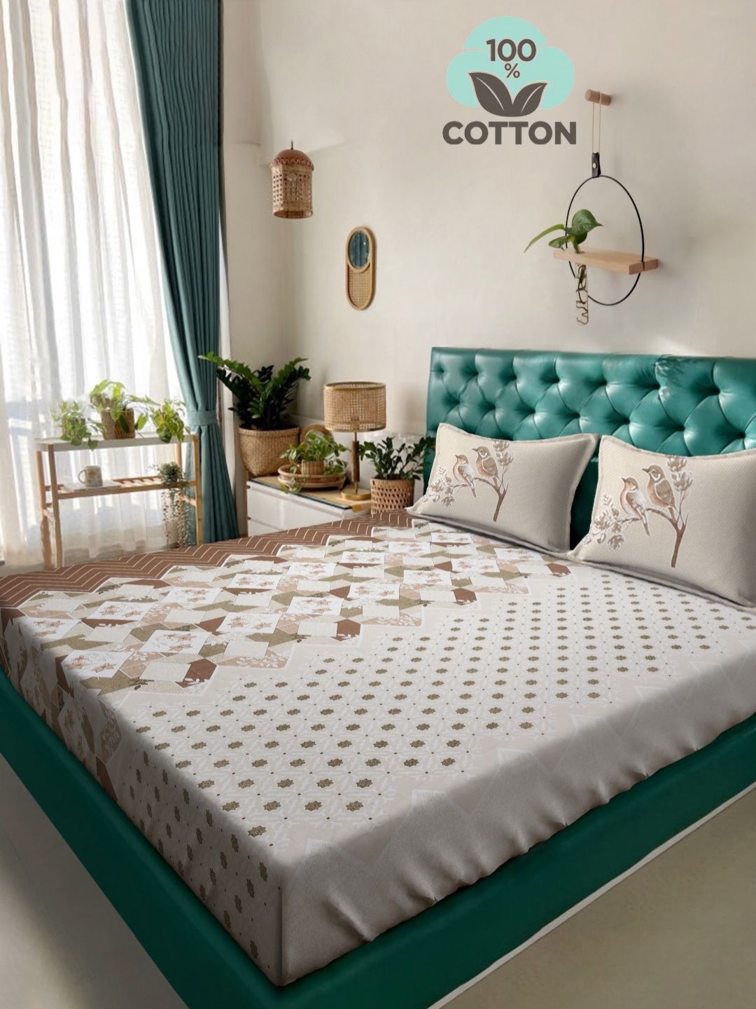 

Myntra Elegant Homes Brown Printed Pure Cotton 400 TC King Bedsheet Set 2.7 m X 2.7 m