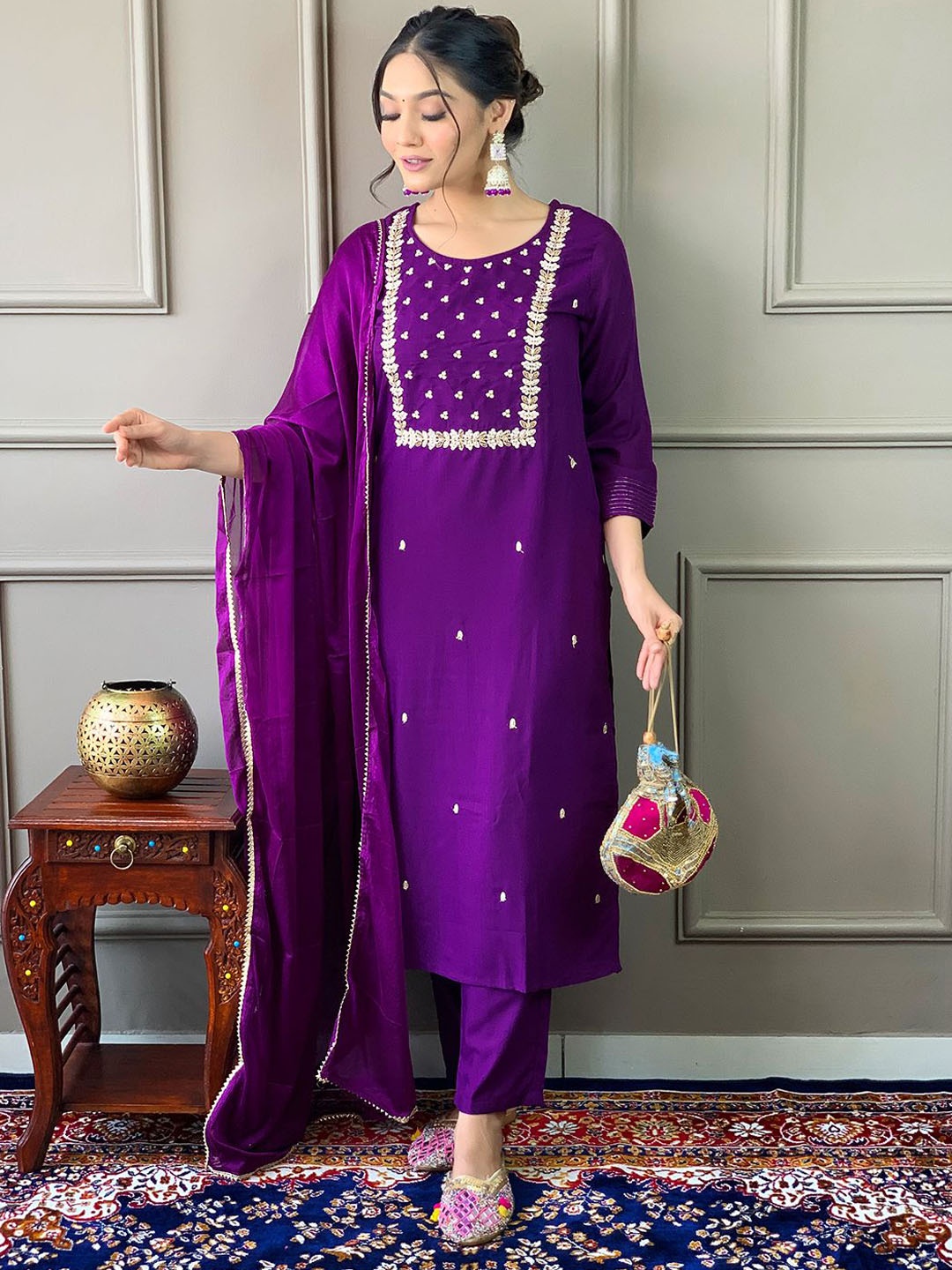 

KOTRONS Women Embroidered Regular Thread Work Kurta with Trousers & With Dupatta, Violet