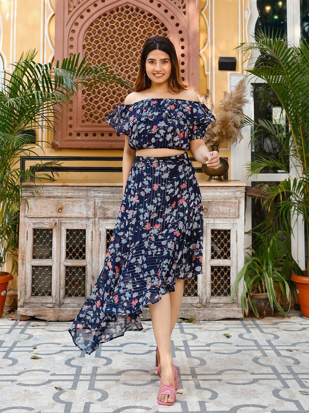 

NOUN Floral Print Flutter Sleeve Georgette Maxi Midi Dress, Navy blue