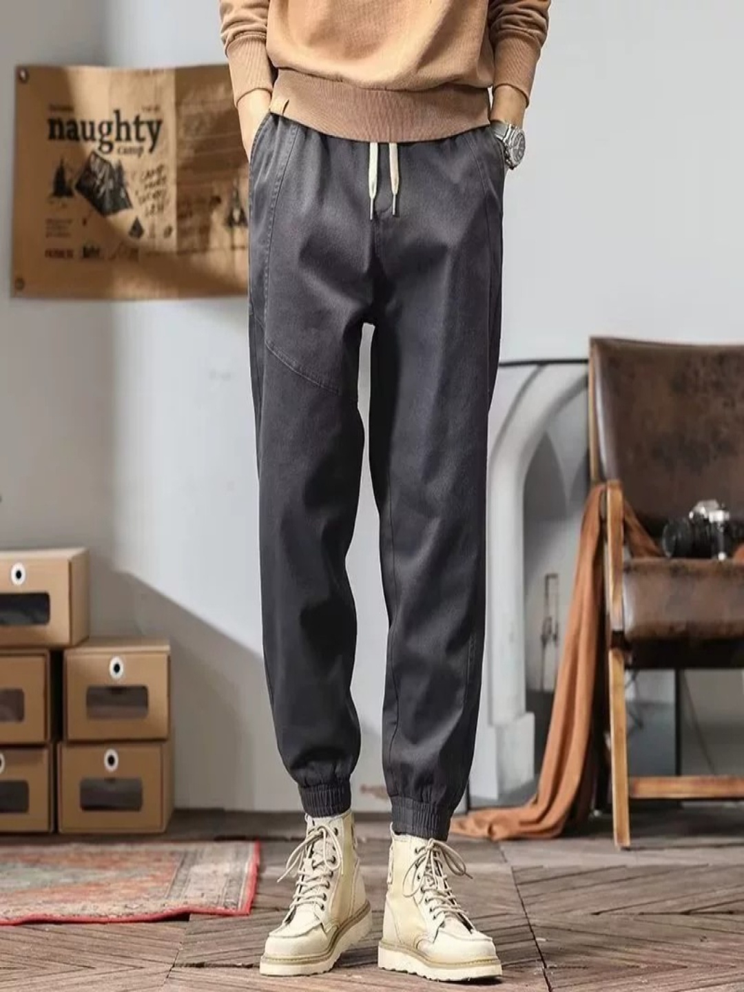 

HERE&NOW Men Joggers Trousers, Charcoal