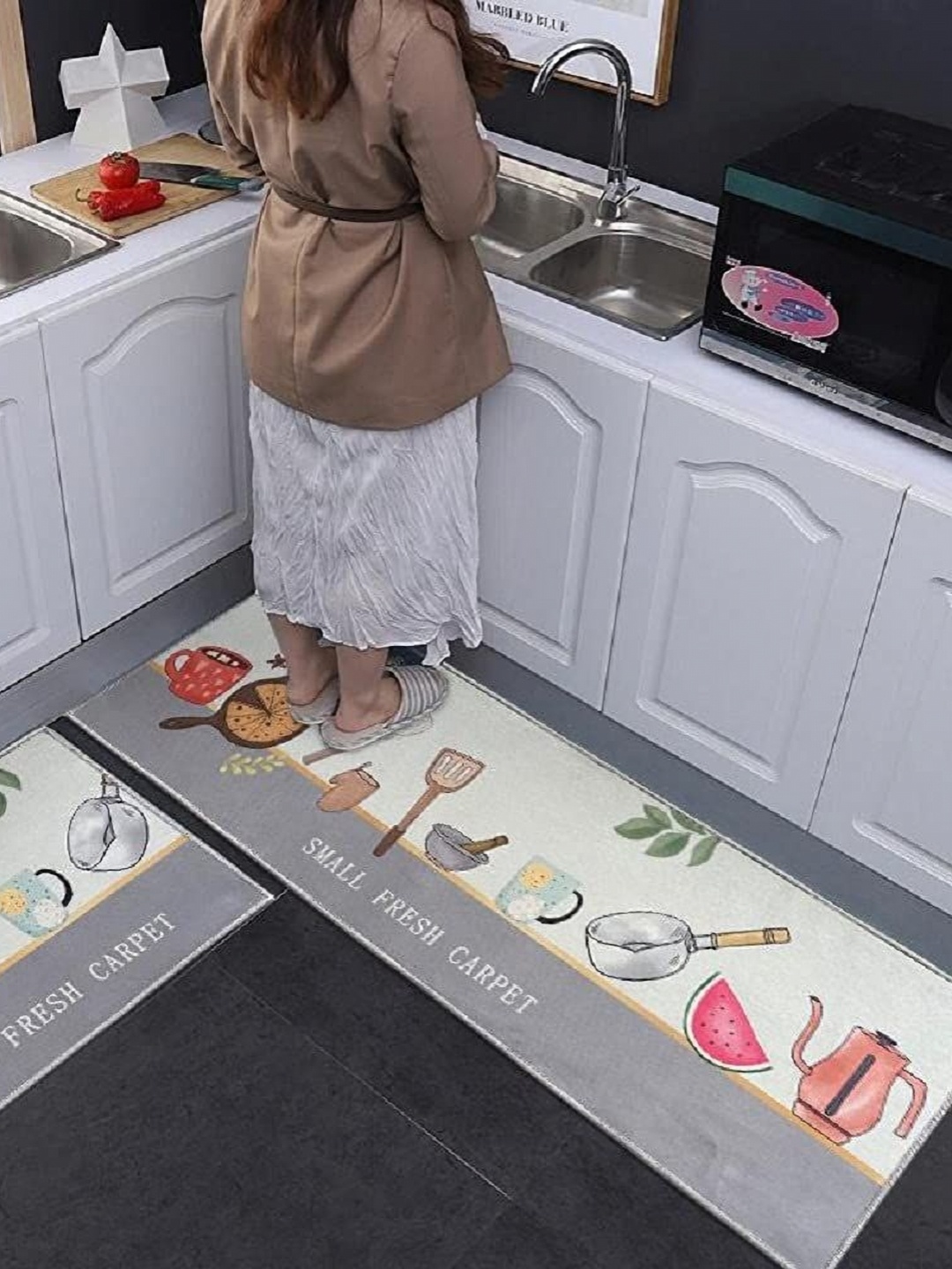 

FAVRIA Grey & Beige 2 Pieces Printed Waterproof Kitchen Mats