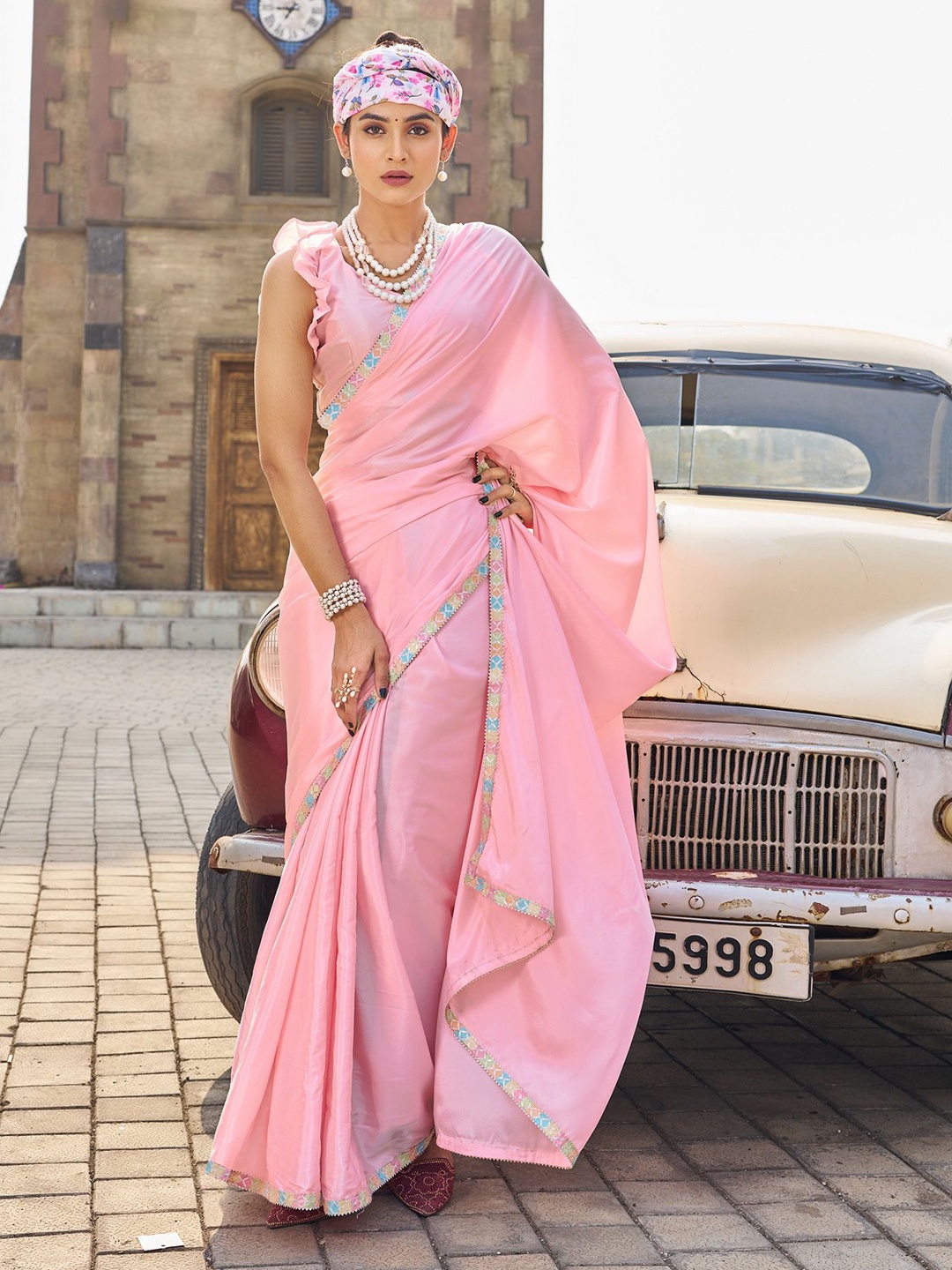 

Sanu Silk Poly Crepe Saree, Pink