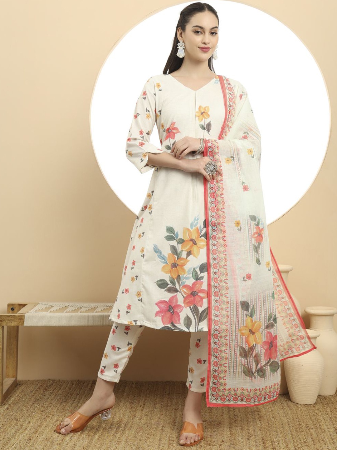 

Yufta Women Floral Printed Regular Linen Kurta with Trousers & With Dupatta, White