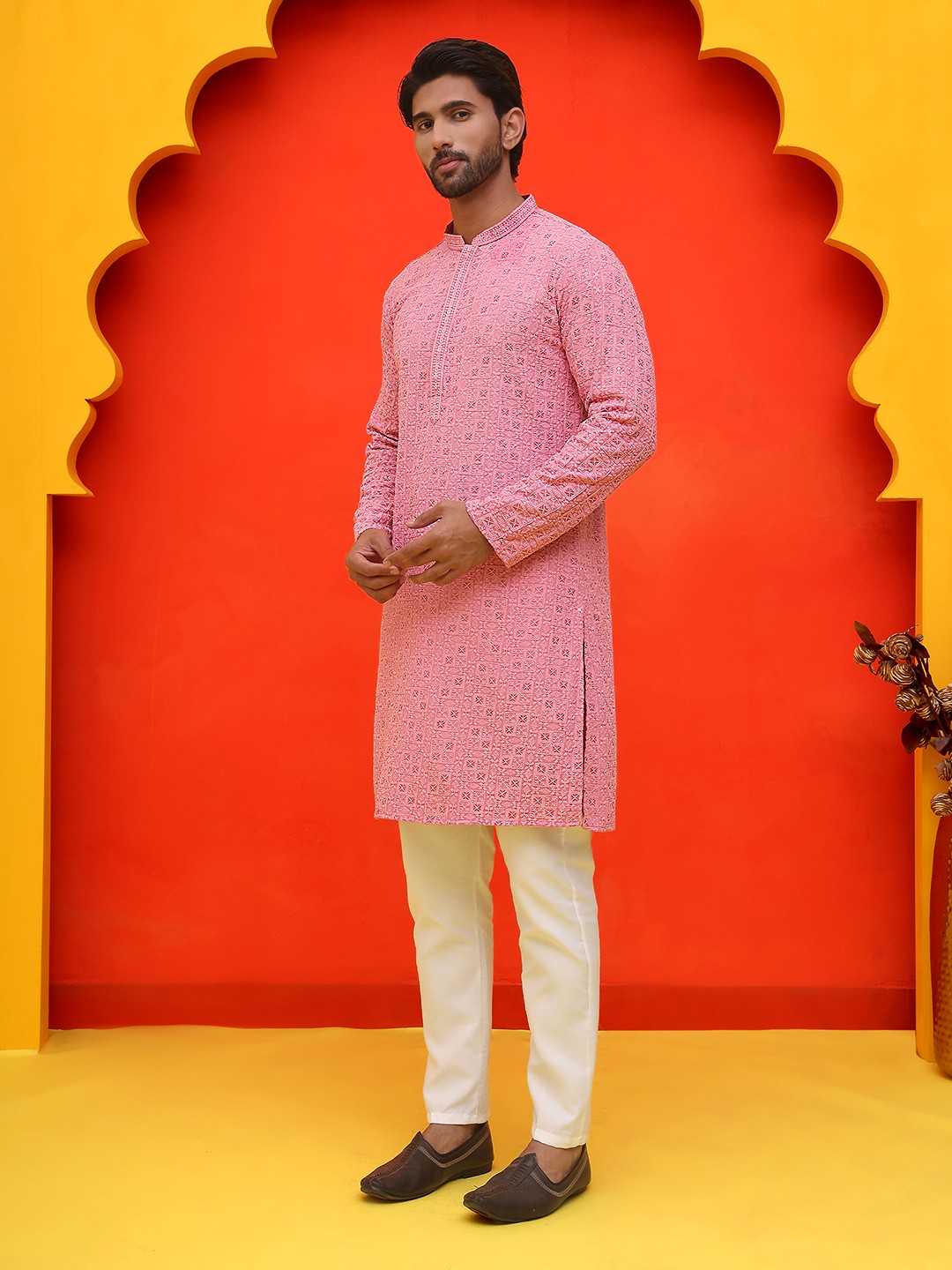 

Jompers Men Embroidered Regular Chikankari Pure Cotton Kurta with Pyjamas, Pink