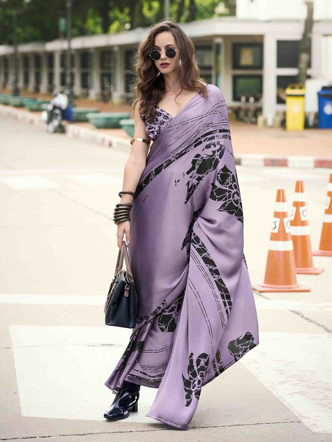 

KALINI Floral Satin Saree, Mauve