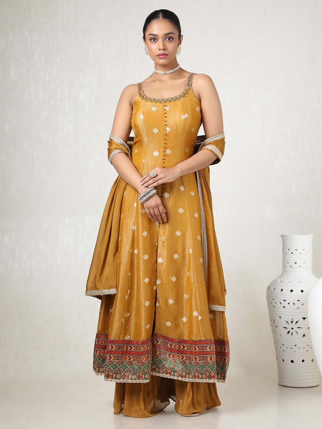 

Soch Women Floral Regular Sequinned Kurta with Palazzos & With Dupatta, Mustard
