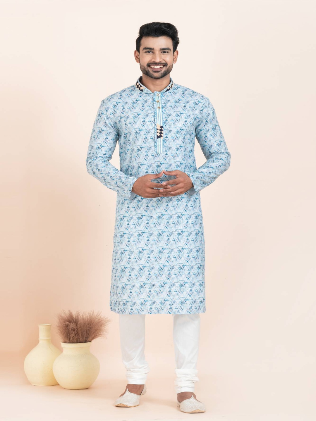 

ROOTED LIBAAS Men Ethnic Motifs Regular Kurta with Pyjamas, Blue