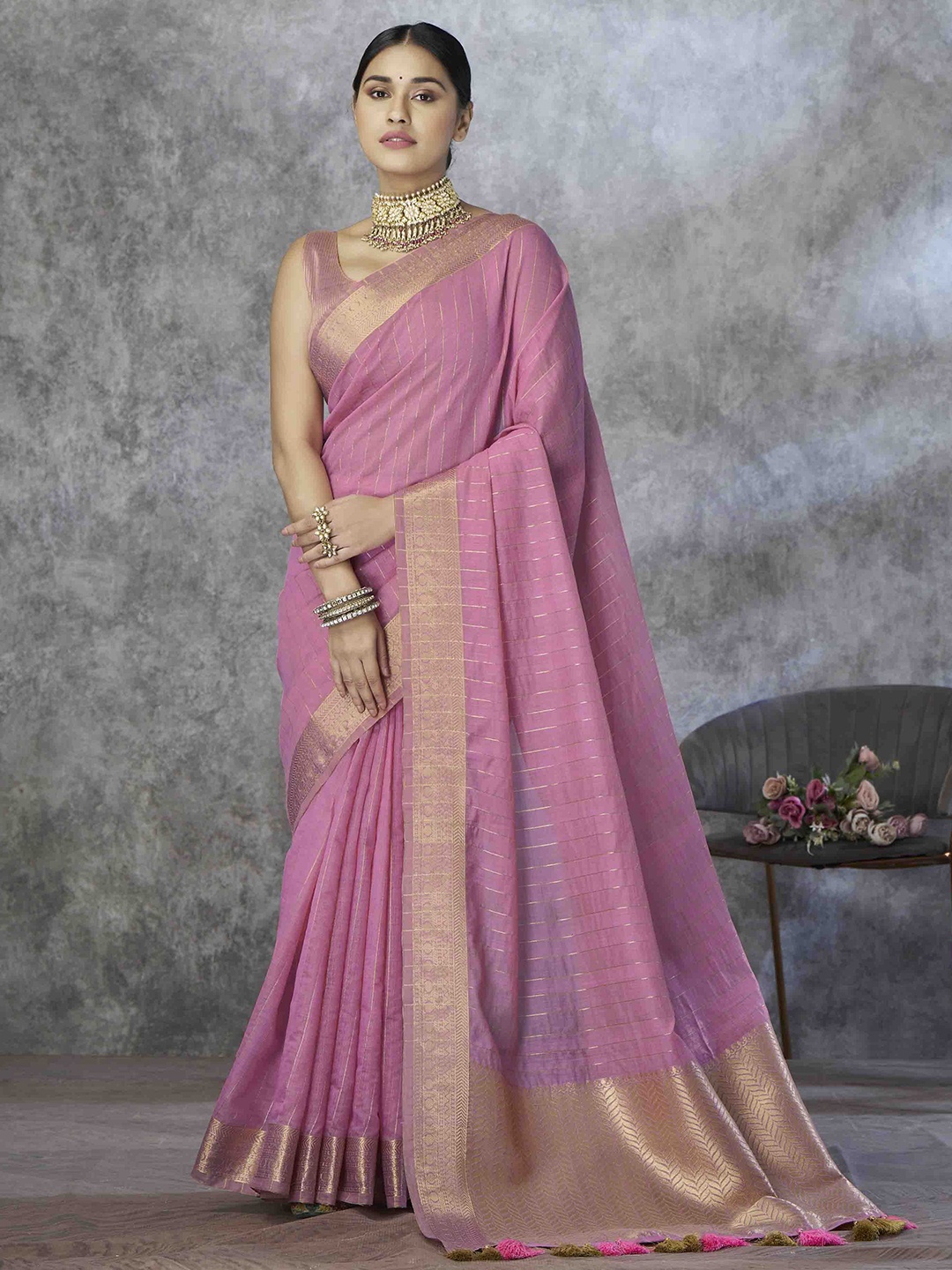 

KIMISHA Striped Zari Silk Blend Saree, Pink