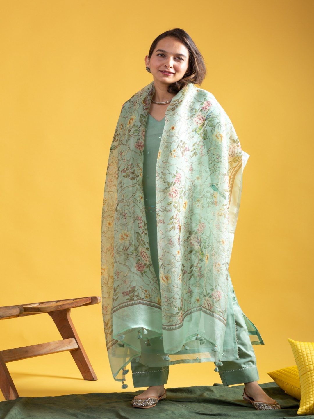 

ORUS Women Embroidered Regular Mirror Work Chanderi Silk Kurta with Trousers & With Dupatta, Sea green