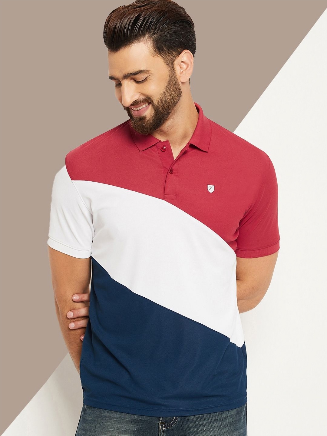 

OGEN Men Colourblocked Polo Collar Applique T-shirt, Maroon