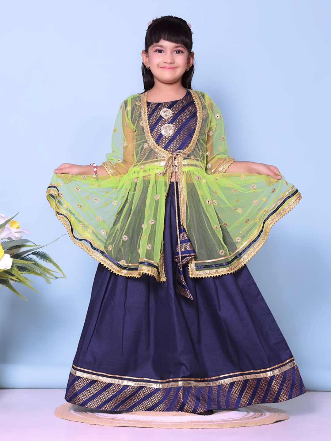 

BAESD Girls Embroidered Mirror Work Choli & Lehanga With Koti, Green