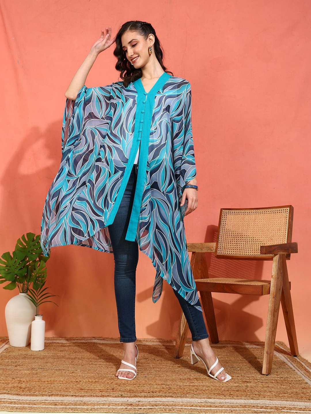 

YASH GALLERY Tropical Print Kimono Sleeve Georgette Kaftan Midi Dress, Blue