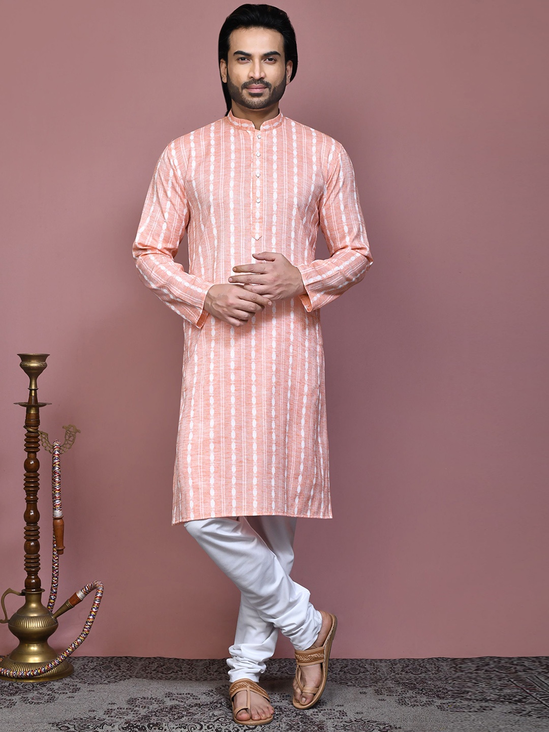 

RANAK Men Printed Regular Pure Cotton Kurta with Pyjamas, Orange
