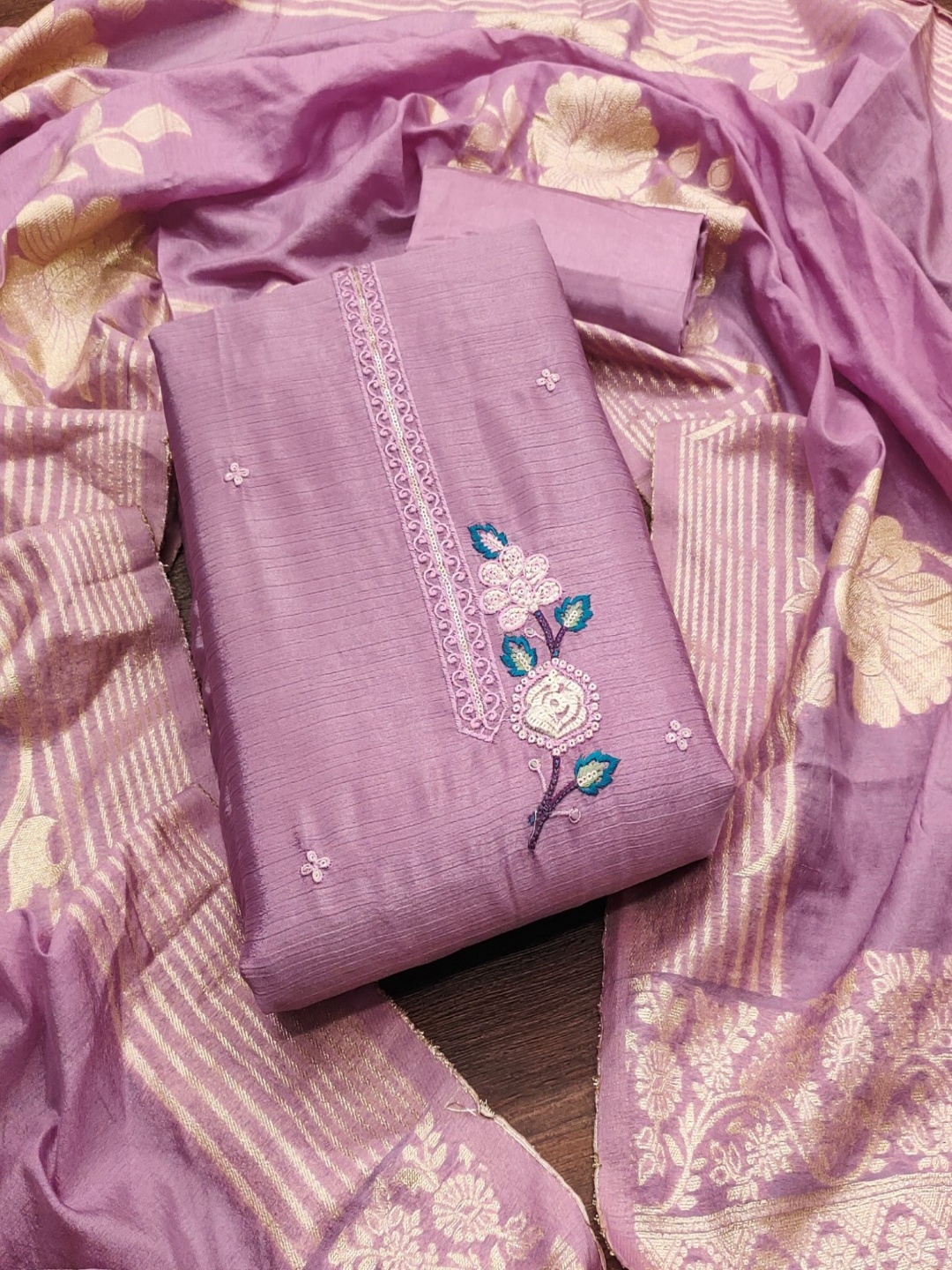 

Panzora Floral Embroidered Chinon Silk Unstitched Dress Material, Lavender