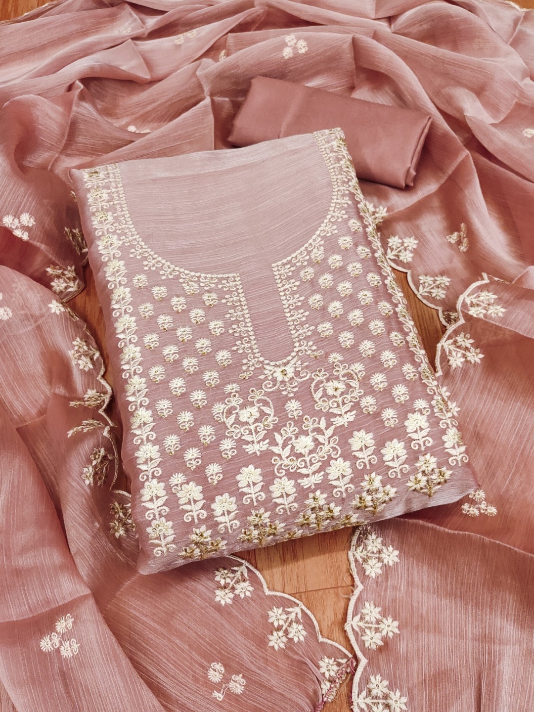 

KALINI Floral Embroidered Unstitched Dress Material, Peach