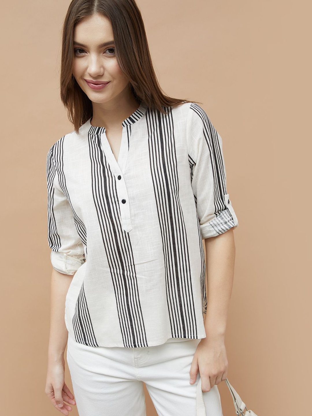 

Fame Forever by Lifestyle Print Mandarin Collar Roll-Up Sleeves Cotton Shirt Style Top, Off white