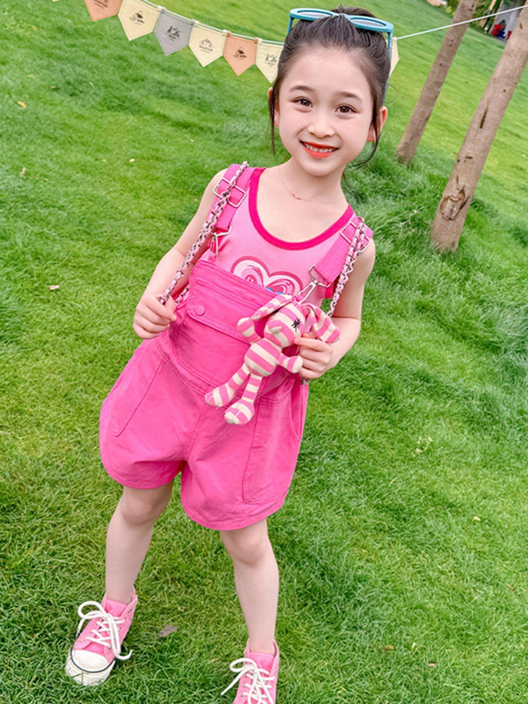 

LULU & SKY Girls Printed Cotton Dungaree With T-Shirt, Pink