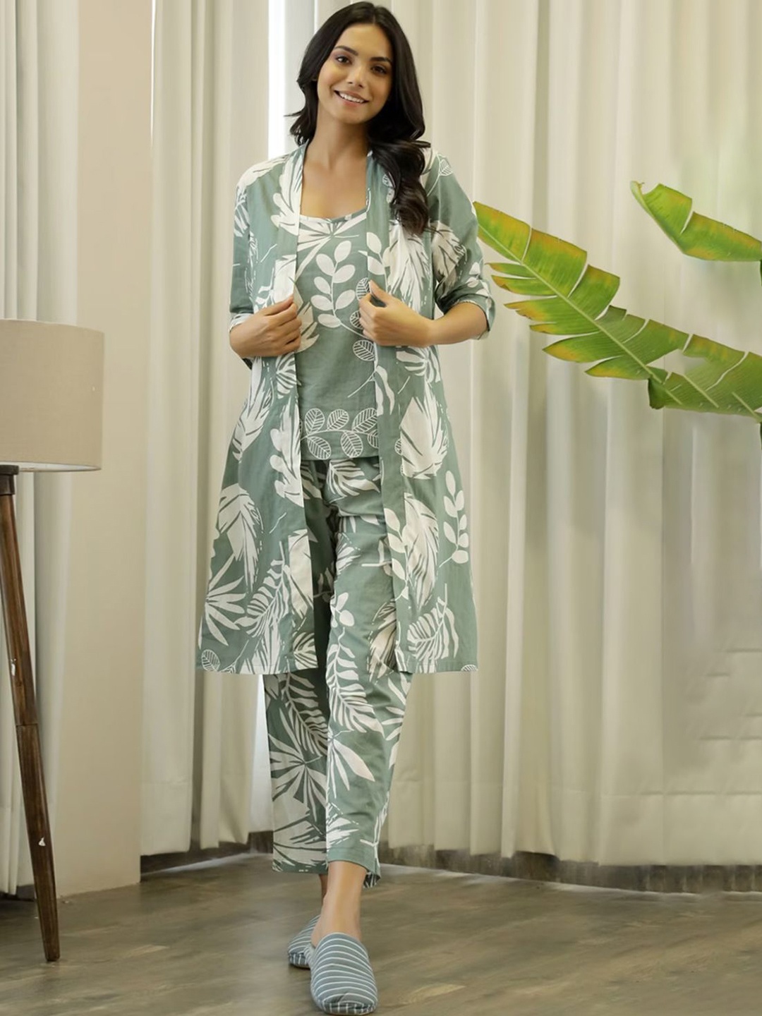 

PIMU Printed Scoop Neck Top With Trousers Co-Ords Set, Green
