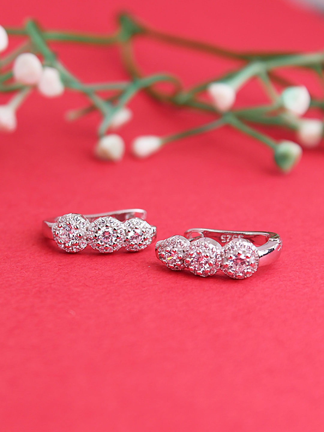 

DEVASHREE 925 Sterling Silver Rhodium-Plated CZ Studded Floral Hoop Earrings