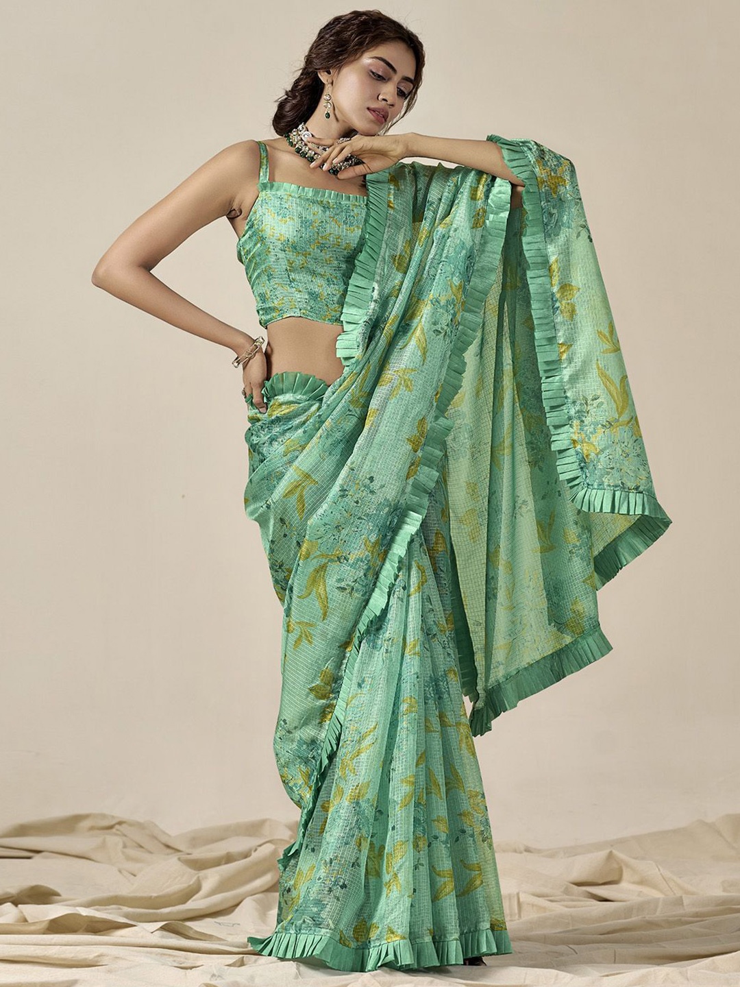 

Mitera Floral Saree, Sea green