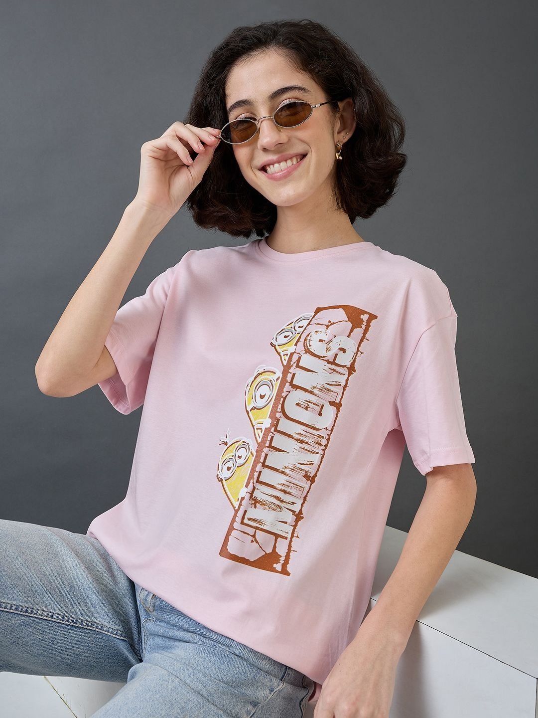 

Minions by Kook N Keech Women Printed Raw Edge T-shirt, Pink