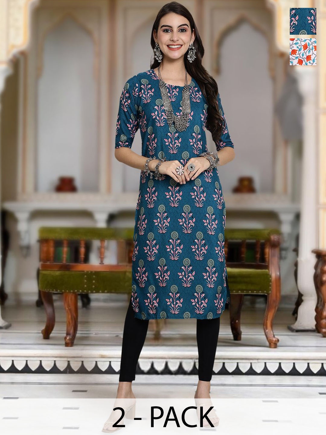 

Moda Rapido Selection Of 2 Floral Printed Round Neck Straight Kurtas, Blue