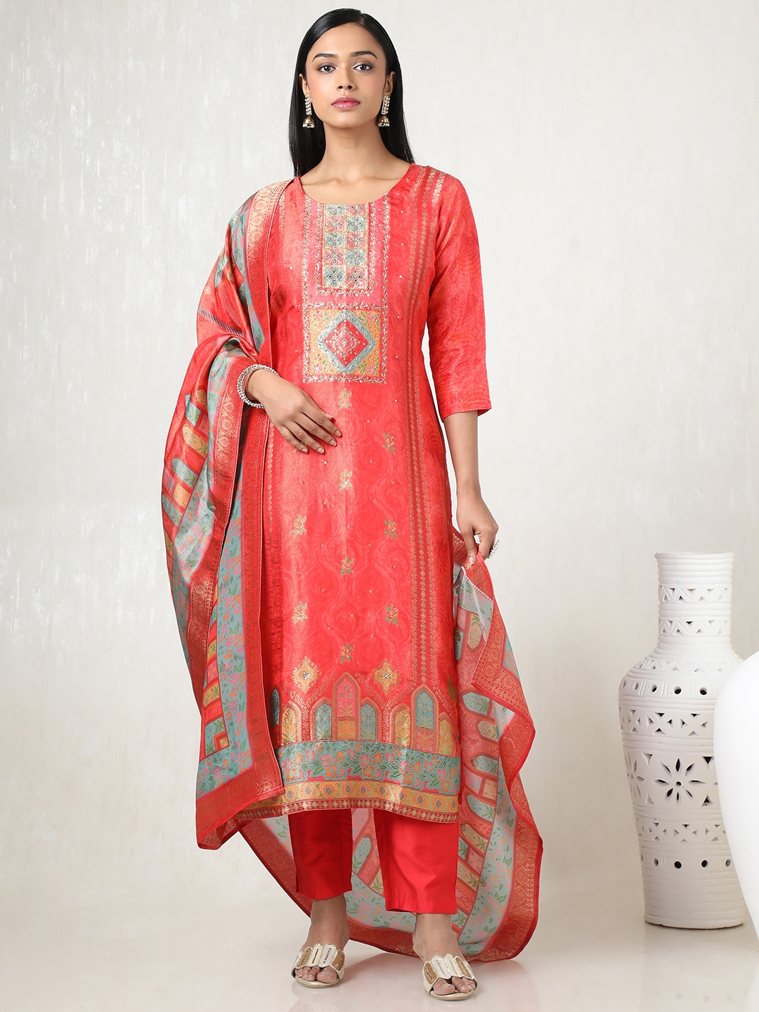 

Soch Women Floral Printed Regular Mirror Work Kurta with Trousers & With Dupatta, Peach