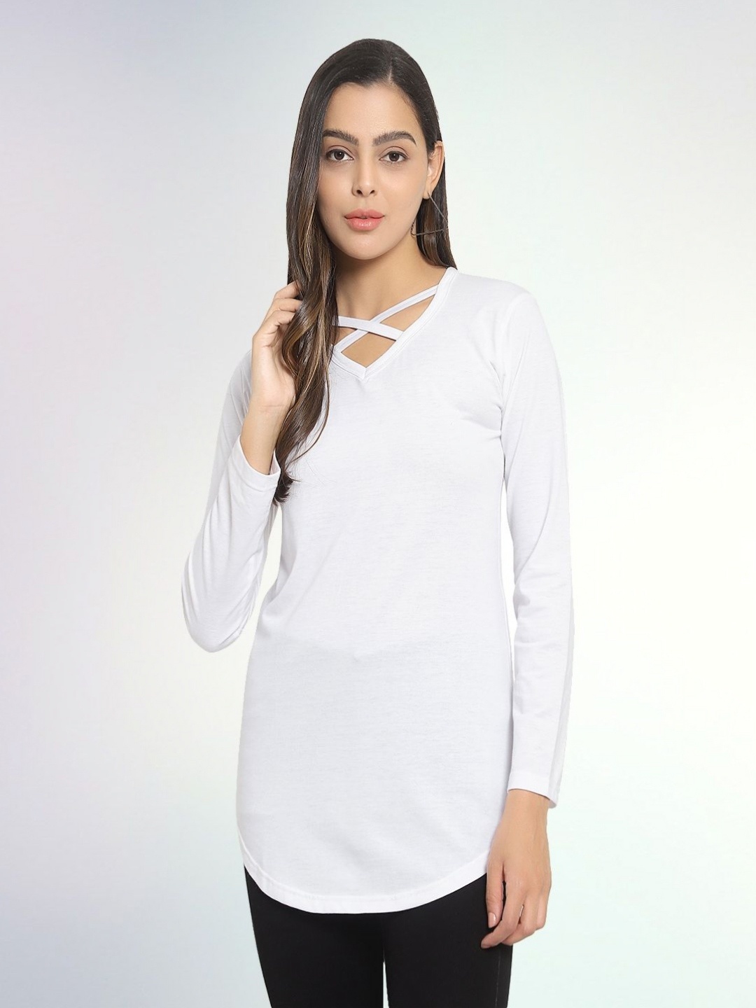 

Boldwink Women Biker V-Neck Monochrome Raw Edge Slim Fit T-shirt, White