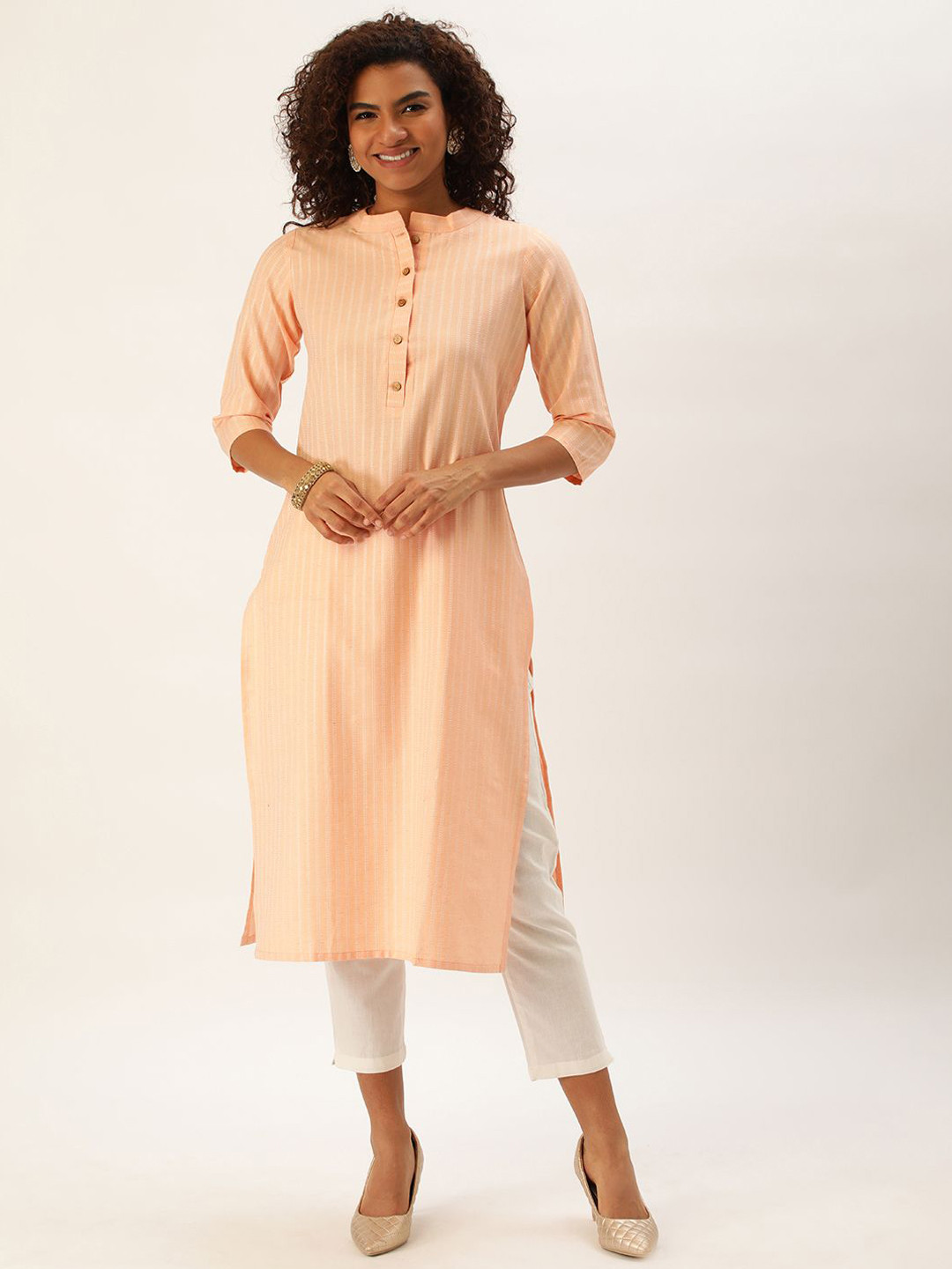

KALINI Striped Mandarin Collar Cotton Straight Kurta, Orange