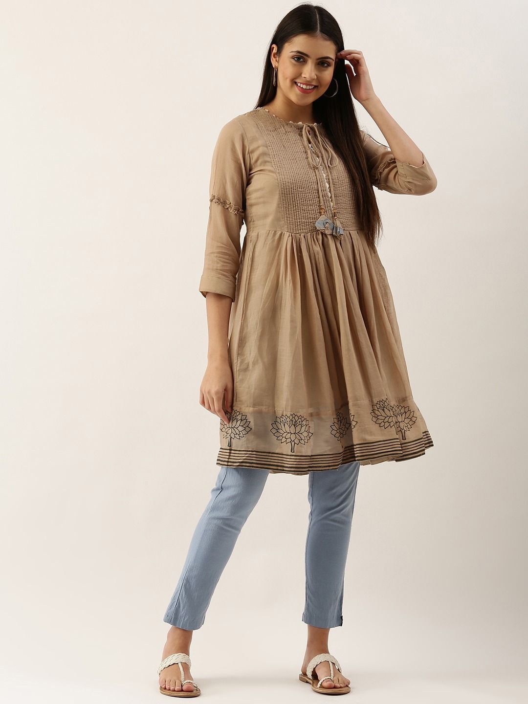 

KALINI Floral Printed Tie-Up Neck Empire Pure Cotton Anarkali Kurta, Brown