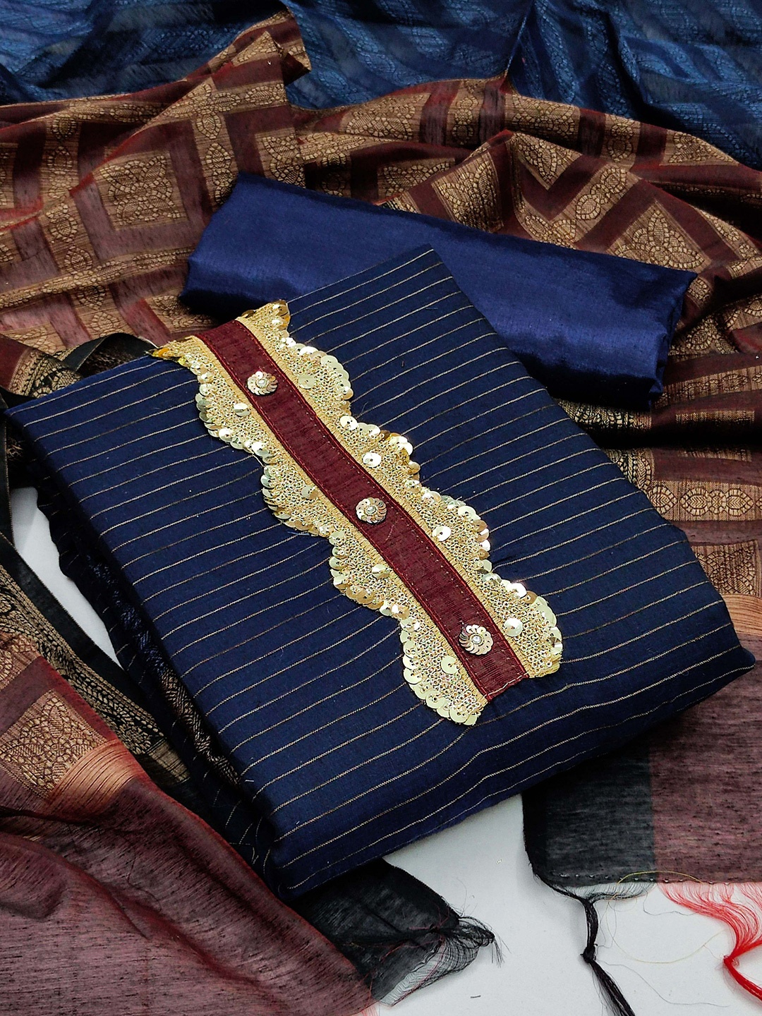 

HERE&NOW Striped Sequinned Banarasi Unstitched Dress Material, Blue