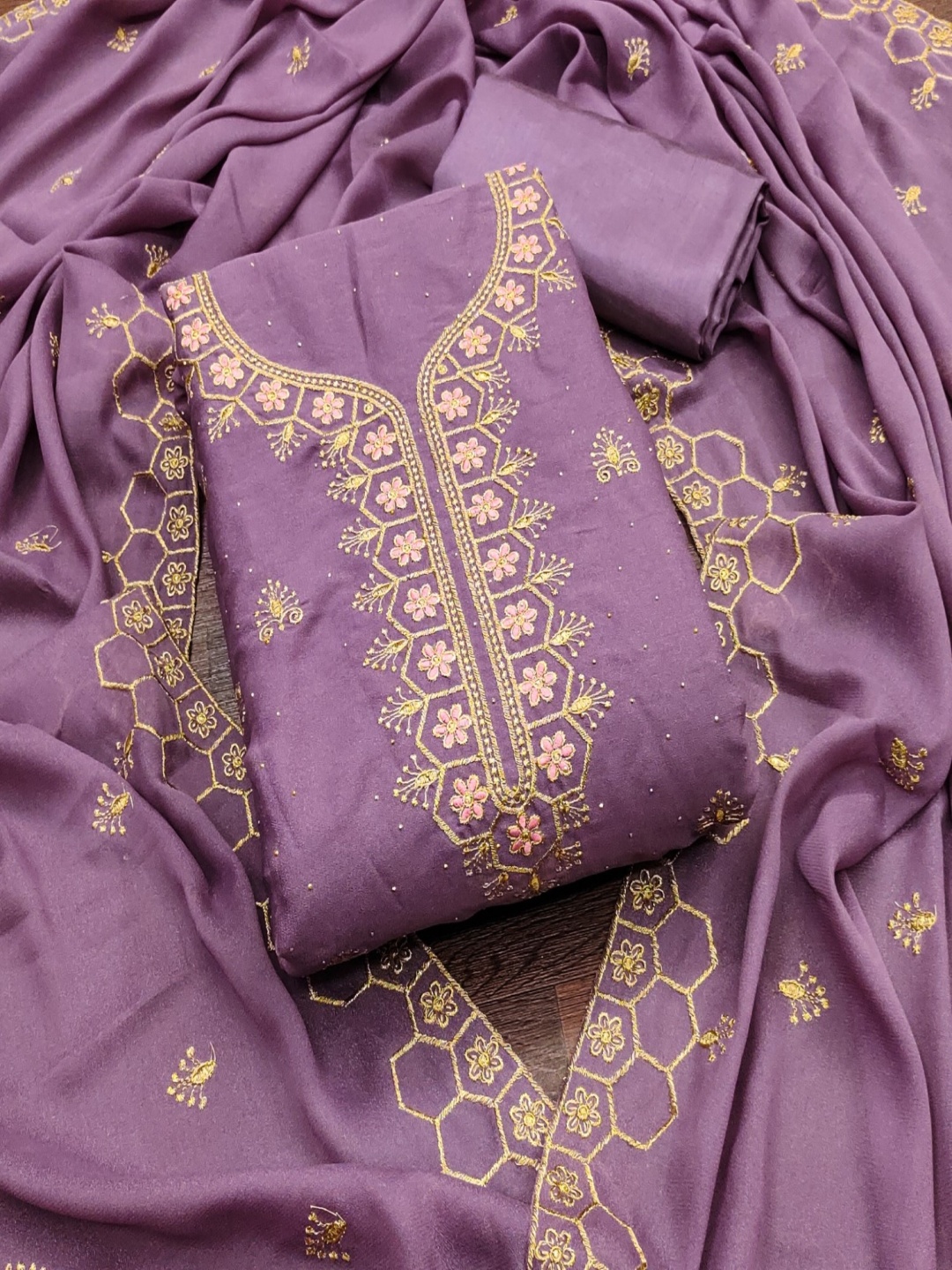 

Panzora Embroidered Thread Work Georgette Unstitched Dress Material, Lavender