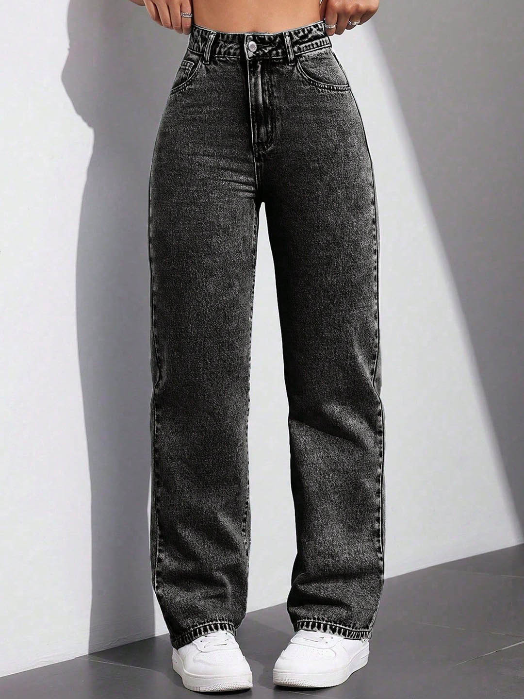 

DressBerry Women Comfort Straight Fit High-Rise Light Fade Acid Wash Stretchable Jeans, Black
